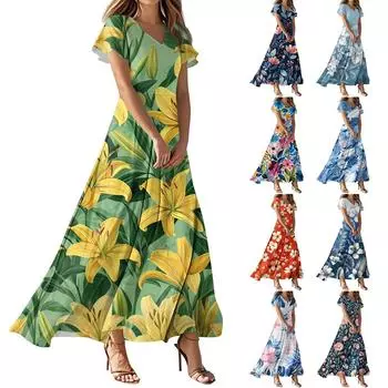 Женское повседневное платье с V-образным вырезом, коротким рукавом, высокой талией и принтом в виде цветов и листьев в стиле ретро XL тёмно-синий