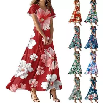 Женское повседневное платье с V-образным вырезом, коротким рукавом, высокой талией и принтом в виде цветов и листьев в стиле ретро M синий