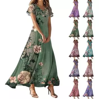 Женское повседневное платье с V-образным вырезом, коротким рукавом, высокой талией и принтом в виде цветов и листьев в стиле ретро L