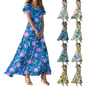 Женское повседневное платье с V-образным вырезом, коротким рукавом, высокой талией и принтом в виде цветов и листьев в стиле ретро XL жёлтый