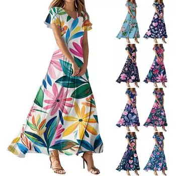 Женское повседневное платье с V-образным вырезом, коротким рукавом, высокой талией и принтом в виде цветов и листьев в стиле ретро L