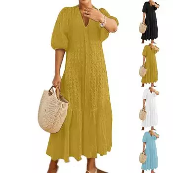 Женское повседневное платье с V-образным вырезом и пуговицами, плиссированное свободное повседневное платье с пуговицами, плиссированное свободное повседневное платье L чёрный