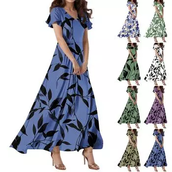 Женское повседневное платье с V-образным вырезом, коротким рукавом, высокой талией и принтом в виде цветов и листьев в стиле ретро L синий