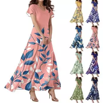 Женское повседневное платье с V-образным вырезом, коротким рукавом, высокой талией и принтом в виде цветов и листьев в стиле ретро XXL синий