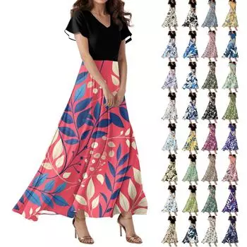 Женское повседневное платье с V-образным вырезом, коротким рукавом, высокой талией и принтом в виде цветов и листьев в стиле ретро XXL бежевый