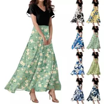 Женское повседневное платье с V-образным вырезом, коротким рукавом, высокой талией и принтом в виде цветов и листьев в стиле ретро XL