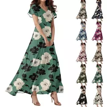 Женское повседневное платье с V-образным вырезом, коротким рукавом, высокой талией и принтом в виде цветов и листьев в стиле ретро M чёрный