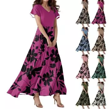 Женское повседневное платье с V-образным вырезом, коротким рукавом, высокой талией и принтом в виде цветов и листьев в стиле ретро XL зелёный