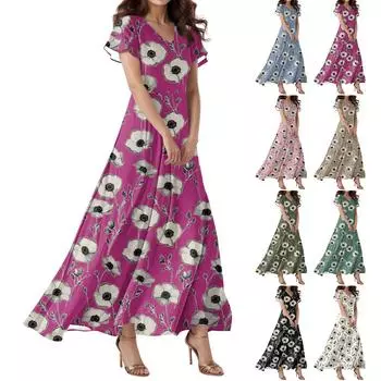 Женское повседневное платье с V-образным вырезом, коротким рукавом, высокой талией и принтом в виде цветов и листьев в стиле ретро L белый