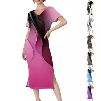 Женское повседневное платье с V-образным вырезом и короткими рукавами, разрезом по низу и карманами XXL