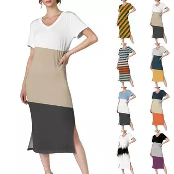 Женское повседневное платье с V-образным вырезом и короткими рукавами, разрезом по низу и карманами S тёмно-синий