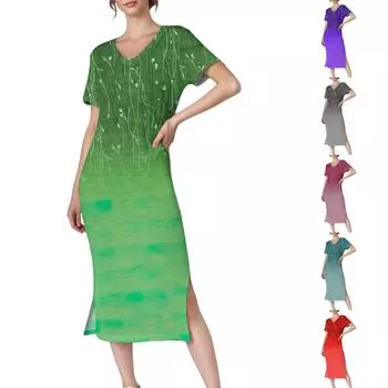 Женское повседневное платье с V-образным вырезом и короткими рукавами, разрезом по низу и карманами S