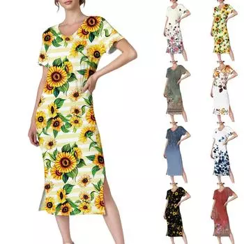 Женское повседневное платье с V-образным вырезом и короткими рукавами, разрезом по низу и карманами L розовый