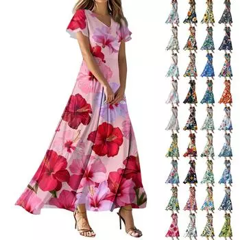 Женское повседневное платье с V-образным вырезом, коротким рукавом, высокой талией и принтом в виде цветов и листьев в стиле ретро L синий