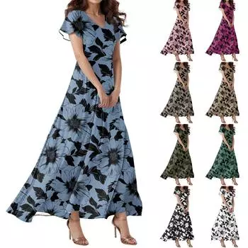 Женское повседневное платье с V-образным вырезом, коротким рукавом, высокой талией и принтом в виде цветов и листьев в стиле ретро L армия зеленый