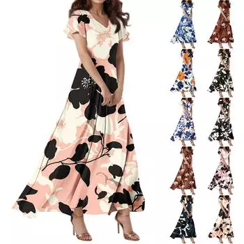 Женское повседневное платье с V-образным вырезом, коротким рукавом, высокой талией и принтом в виде цветов и листьев в стиле ретро L чёрный