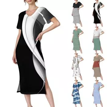 Женское повседневное платье с V-образным вырезом и короткими рукавами, разрезом по низу и карманами M чёрный