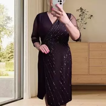 Женское повседневное платье с V-образным вырезом, коротким рукавом, облегающее платье длиной до колена, украшенное пайетками, однотонное платье M фиолетовый