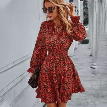 Женское повседневное платье с v-образным вырезом и цветочным принтом, модные короткие летние платья трапециевидной формы с рукавами-бабочками и принтом L жёлтый