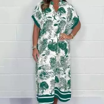 Женское повседневное платье с винтажным принтом и v-образным вырезом, длинное платье трапециевидной формы с коротким рукавом, летние свободные платья для пляжной вечеринки, путешествий, домашней работы XL синий