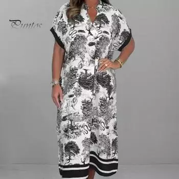 Женское повседневное платье с винтажным принтом и v-образным вырезом, длинное платье трапециевидной формы с коротким рукавом, летние свободные платья для пляжной вечеринки, путешествий, домашней работы XL синий