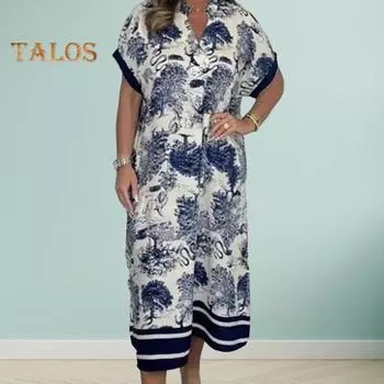 Женское повседневное платье с винтажным принтом и v-образным вырезом, длинное платье трапециевидной формы с коротким рукавом, летние свободные платья для пляжной вечеринки, путешествий, домашней работы XL синий