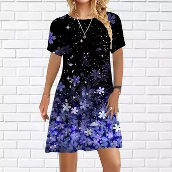 Женское повседневное платье, синие платья с цветочным принтом для женщин, платье с коротким рукавом и круглым вырезом, большие размеры XS фиолетовый
