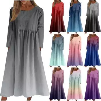 Женское повседневное платье средней длины с круглым вырезом и постепенным изменением цвета, платье с длинными рукавами и карманом L чёрный