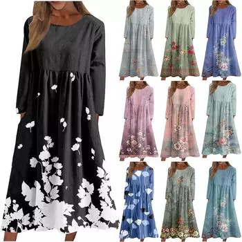 Женское повседневное платье средней длины с круглым вырезом и принтом, карманное платье с длинными рукавами XXXL