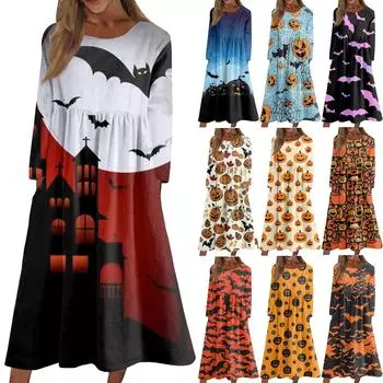 Женское повседневное платье средней длины с круглым вырезом и принтом, платье с длинными рукавами и карманами XXL синий