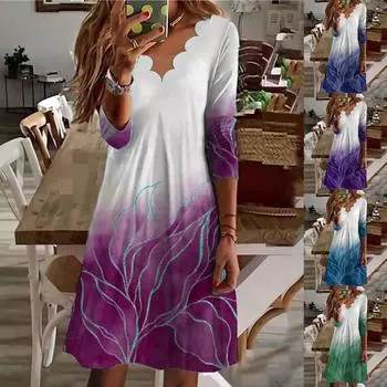 Женское повседневное платье средней длины с волнистым воротником и длинным рукавом с принтом L красный