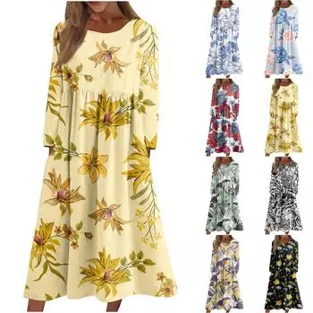 Женское повседневное платье средней длины с круглым вырезом и принтом, платье средней длины с длинными рукавами и карманом L чёрный