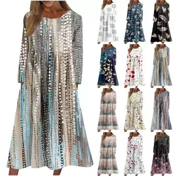 Женское повседневное платье средней длины с круглым вырезом и принтом, карманное платье с длинными рукавами XXXL чёрный