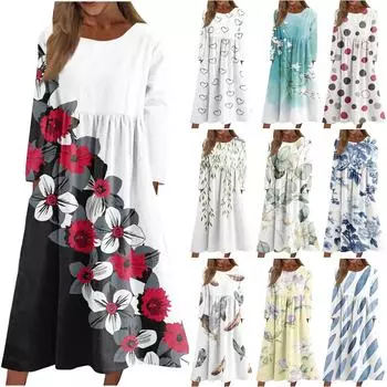 Женское повседневное платье средней длины с круглым вырезом и принтом, карманное платье с длинными рукавами XL синий