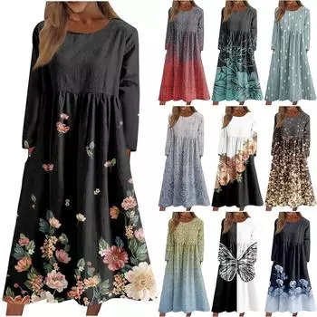 Женское повседневное платье средней длины с круглым вырезом и принтом, карманное платье с длинными рукавами XXL циан