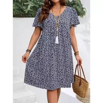 Женское повседневное платье средней длины с короткими рукавами и круглым вырезом с цветочным принтом S зелёный