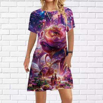 Женское повседневное платье Summer Dream с принтом розы для женщин Платье с коротким рукавом и круглым вырезом плюс размер XS розовый