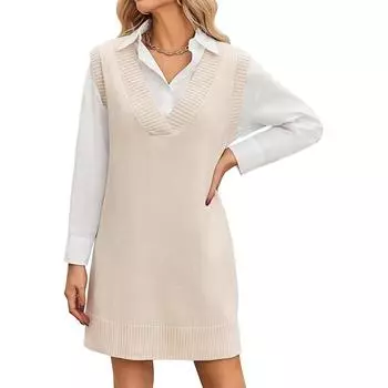 Женское повседневное платье-свитер, V-образный вырез, трикотаж, пуловер, без рукавов, свободный S бежевый