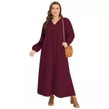 Женское повседневное платье свободного кроя с V-образным вырезом и длинным рукавом M чёрный