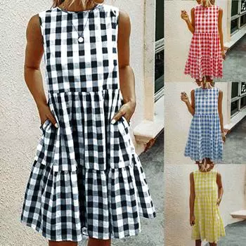 Женское повседневное платье-топ без рукавов на весну и лето, однотонное хлопково-льняное платье с карманами и решеткой, круглым вырезом L чёрный