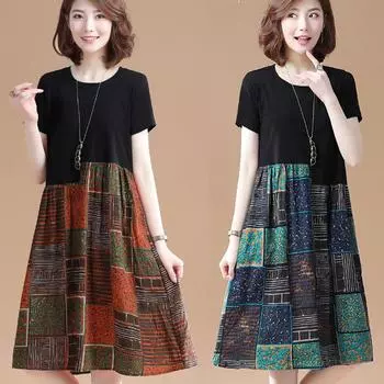 Женское повседневное платье трапециевидной формы с коротким рукавом и принтом в стиле пэчворк M зелёный