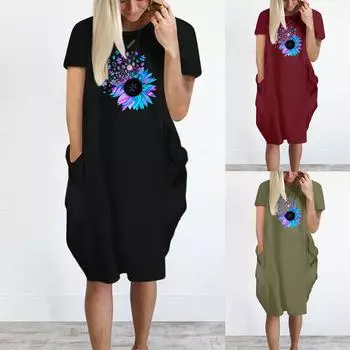 Женское повседневное платье-туника с принтом и короткими рукавами, карманы, платье-футболка больших размеров