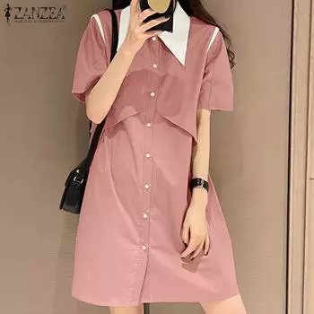 Женское повседневное платье в стиле пэчворк с отложным воротником и короткими рукавами ZANZEA S темно-синий