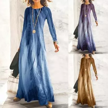 Женское повседневное платье в стиле ретро с длинным рукавом и круглым вырезом с высокой талией XXL синий