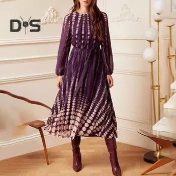 Женское повседневное платье весна-осень с круглым вырезом и длинным рукавом с принтом в горошек, платье-миди А-силуэт, струящееся платье в уличном стиле S зелёный