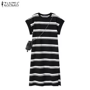 Женское повседневное платье ZANZEA с круглым вырезом и короткими рукавами в полоску S чёрный