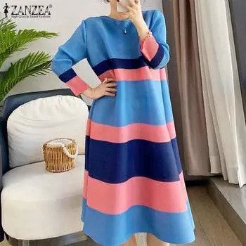 Женское повседневное платье ZANZEA с круглым вырезом и длинными рукавами в полоску S красный