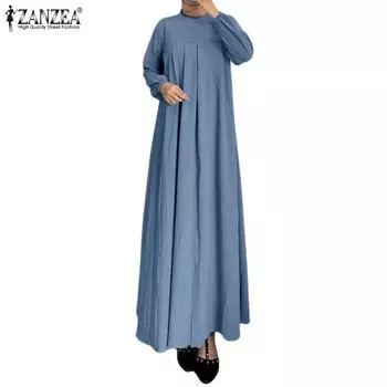 Женское повседневное платье ZANZEA с круглым вырезом и длинными рукавами S синий