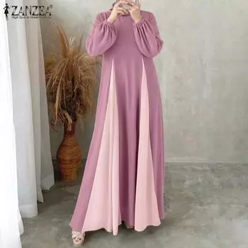 Женское повседневное платье ZANZEA с круглым вырезом и длинными рукавами в стиле пэчворк S розовый