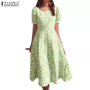 Женское повседневное платье ZANZEA с квадратным воротником и короткими рукавами и цветочным принтом S зелёный